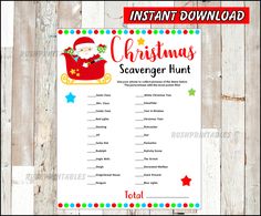 printable christmas scavenger hunt with santa claus on sleigh and stars