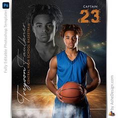 a young man holding a basketball in front of an advertisement for his team's upcoming game