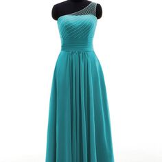 a dress on a mannequin with one shoulder and pleaed detail at the waist