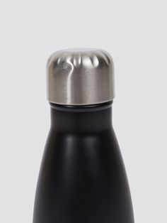 a black and silver stainless steel water bottle on a white background with the lid up