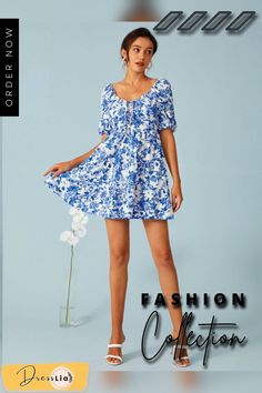 Navy Calico Print V-neck Lace-up Puff Sleeve Elegant Dress Cheap Summer Dresses, Navy Style, Navy Fashion, Chic Clothes, Women Trends, Fashion Chic, Mini Dress With Sleeves, Style Elegant, Elegant Dress