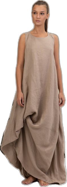 Beige Asymmetrical Summer Dress, Summer Beige Asymmetrical Dress, Flowy Linen Maxi Dress Casual Style, Flowy Linen Maxi Dress Casual, Flowy Linen Maxi Dress For Summer, Flowy Linen Maxi Sundress, Lagenlook Linen Dress For Vacation, Casual Linen Tunic Maxi Dress, Bohemian Linen Tunic Maxi Dress