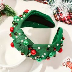 This fabric headband is bejeweled with accent rhinestones in Christmas colors with a top knot accent. Perfect for any holiday party! Party Hair Accessories, Bride Headband, Christmas Headband, Fabric Headbands, Hair Accessories Gift, White Headband, Christmas Accessories, Pearl Headband, Christmas Jewelry