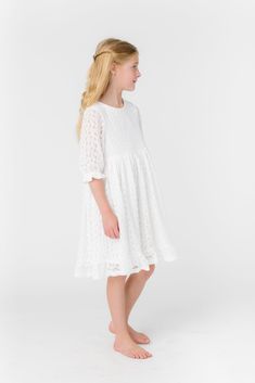 All over lace girl's dress 1/2 length sleeves Round neckline Gathered waist Button back closure Fabric content - Cotton - Dry clean only Getaway Dress, Called To Surf, Girls Lace Dress, Occasion Dresses Wedding, Wedding Beauty, Cream Dress, Wedding Bridesmaids, Shoe Style, Hip Length