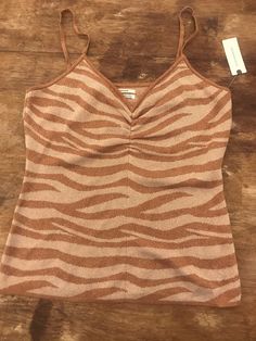 for Eu By Anthropologie Pink Rose Zebra Stripe Camisole Sweater Sparkle M Nwt . Condition is New with tags. Shipped with USPS First class Pink rose orange Nude shade with gold sparkle C 17.5 L 23.5 74% viscose 16% polyester Zebra Print Tank Top, Bright Fabric, Purple Leopard Print, Mesh Sweater, Rose Orange, Silk Tank Top, Tunic Tank Tops, Print Tank Top, Silk Tank