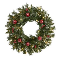 a christmas wreath with red ornaments and lights on it, isolated against a white background