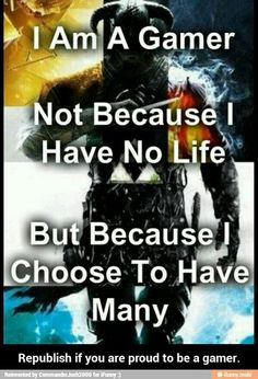 a poster with the words i am a gamer not because i have no life but because i