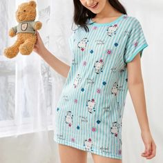 Kitty Cat Tshirt Night Gown Blue Cotton Sleepwear, Cute Blue T-shirt For Loungewear, White Cartoon Print Short Sleeve Sleepwear, Light Blue Cotton Sleepwear For Sleepover, Cute Cotton Sleepwear With Short Sleeves, Cute Cotton Short Sleeve Sleepwear, Cute Short Sleeve Sleepwear, Cotton Short Sleeve Nightgown For Pajama Party, Cotton Nightgown With Short Sleeves For Pajama Party