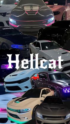 a bunch of cars that are all in different colors and sizes with the words hellcat above them