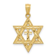 14k Yellow Gold Star of David and Cross Pendant at $ 82.48 only from Jewelryshopping.com Jewish Jewelry, Star Of David Pendant, Rose Jewelry, Star Of David, Cross Charms, Gold Star, Fine Jewelry Gift, Fine Jewellery Necklace, Selling Jewelry