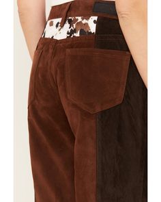 Model is 5'9 " wearing a size 26. Western back yoke. Color block brown and tan faux suede fabrication. Five-pocket design. Straight leg. Suede Pants, Denim Details, Rock Roll, Boots For Sale, Straight Pants, Pocket Design, Denim Women, Rock And Roll, Faux Suede