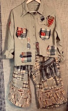 Upcycled, Boho, Hippie, Grungied, Adjustable, Button, Pocket, Mixed Madras Pants | eBay Boho Clothing Patterns, Tattered Clothes, Flannel Shirt Refashion, Denim Patchwork Jeans, Chic Pants, Shirt Refashion, Patchwork Jeans, Upcycled Fashion, Recycle Clothes