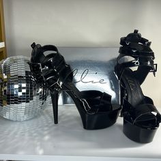 Black Brand New Black Synthetic Heels For Club, Black Patent Leather Edgy Heels, Edgy Patent Leather Heels For Night Out, Edgy Black Patent Leather Heels, Edgy Black Heels For Club, Glamorous Black Heels For Club, Black Edgy Heels For Formal Occasion, Chic Black Heels For Night Out, Edgy Black Formal Heels