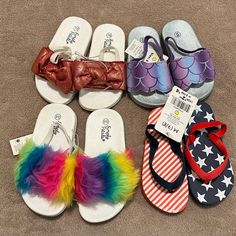 Copper Slides Sz 7/8 Purple Mermaid Slides Size 6 Rainbow Fur Slides Size 9/10 American Flag Sandals Flip Flops Size 7/8 All New With Tags Playful White Flip Flops For Spring, Playful White Open Toe Flip Flops, Cute White Flip Flops For Spring, Cute White Spring Flip Flops, White Cute Spring Flip Flops, White Fun Flip Flops For Spring, White Fun Spring Flip Flops, Fun White Round Toe Flip Flops, Casual Flip Flops For Summer Playtime