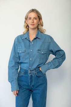 100% Cotton Machine wash cold Tumble dry low Note: Serged Hem Button Shirt Women, Denim Outerwear, Knitwear Dress, Vintage Wrangler, Mohair Sweater, Denim Button Down, Engineered Garments, Denim Overalls, Button Shirt