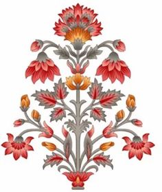 an ornate floral design with red and orange flowers