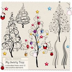 christmas trees with ornaments and stars on them are shown in this digital clip art file