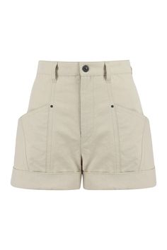 Two side pocketstwo back welt pocketscuffed hem100% cottonComposition: 100% % Cotton | Isabel Marant Women's Tulya Cotton Shorts in Ecru | SS23 Parisian Look, Moto Pants, Versace Shop, White Denim Shorts, Slim Leg Pants, Mini Shorts, Long Sleeve Romper, Printed Pants, White Denim