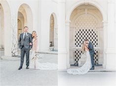 a bride and groom posing for pictures in front of an ornate archway at their wedding