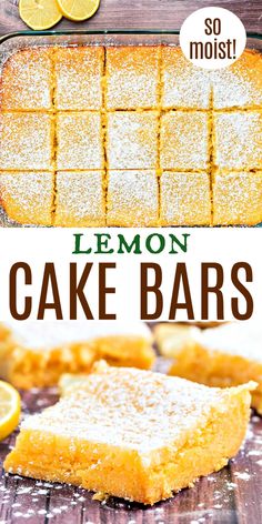 lemon cake bars with powdered sugar on top and in the background are lemons