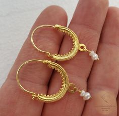 "★ Dubrovnik \"Konavle\" filigree hoop earrings. Replicas of traditional Dubrovnik jewelry from the 19th century. Croatian ethnic, heritage jewelry from Konavle region. Adorned with baroque-shaped natural, white freshwater pearl. Handmade from solid sterling silver, which is plated with 24 k gold. ★ *New models in the shop - with narrow filigree base* Overall length: 3.6 cm ( 1.42\" ) Width: 1.9 cm ( 0.75\" ) ★These earrings are made in solid sterling silver, plated with 24k gold. For your selec Small Hoop Filigree Jewelry Gift, Gold Hoop Bridal Earrings As Gift, Gold Hoop Bridal Earrings For Gift, Filigree Hoop Earrings For Gift, Filigree Small Hoop Jewelry For Wedding, Hoop Earrings With Filigree For Gift, Small Hoop Filigree Earrings As Gift, Gold Small Hoop Bridal Earrings, Small Filigree Hoop Earrings As Gift