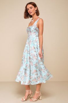 Darling Adoration Light Blue Floral Midi Dress With Pockets Spring Floral Dress With Smocked Back, Light Blue Sleeveless Floral Print Dress, Chic Spring Floral Dress With Smocked Back, Light Blue Floral Print Sleeveless Dress, Chic Floral Dress With Smocked Back For Spring, Elegant Ditsy Floral Print Dress For Vacation, Elegant Floral Dress With Ditsy Print For Vacation, Ditsy Floral Print Midi Dress For Garden Party, Ditsy Floral Midi Dress For Garden Party