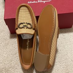 Made In Italy. Size Is 6c. Comes With Dust Bag. New In Box! Elegant Slip-on Moccasins With Woven Sole, Designer Brown Slip-on Loafers, Beige Calf Leather Loafers For Business, Designer Beige Slip-on Loafers, Business Beige Calf Leather Loafers, Elegant Brown Calf Leather Flats, Elegant Brown Flats With Leather Sole, Classic Leather Flats With Woven Sole, Classic Beige Loafers With Woven Sole