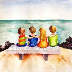 three children sitting on a bench looking out at the ocean watercolor and ink drawing