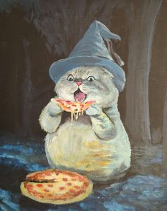 a painting of a cat eating pizza and wearing a witches hat