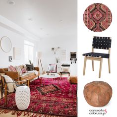 a living room filled with lots of furniture and decor on top of a red rug