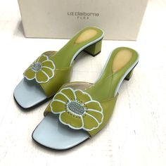 Liz Claiborne Pistachio Callista Front Flower Detail Vintage Leather Sandals Women’s Size 7, New, No Tags, Box Not In Best Shape Beautiful!!! Zoom In Pictures For Details! Summer In Europe Outfits, Vintage Leather Sandals, Block Heel Loafers, Black Leather Mules, Europe Outfits, Tan Woman, Clog Heels, Leather Sandals Women, Flower Detail