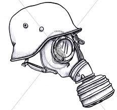 a drawing of a gas mask with a helmet on it's head and the words,