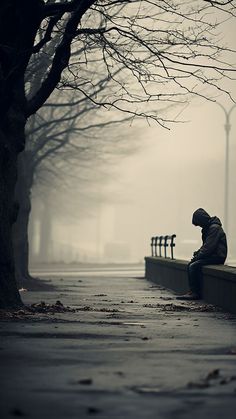 a person sitting on a bench in the fog