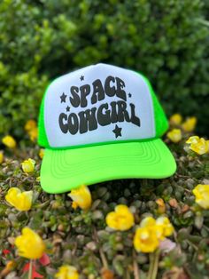 Space Cowgirl Neon Trucker Hat Adjustable snap back Neon foam trucker Space Cowgirl Cute Brimmed Trucker Hat, One Size Fits Most, Cute Brimmed Trucker Hat, Cute Brimmed Trucker Hat One Size Fits Most, Cute Green Cap Hat, Green Fun Snapback Trucker Hat, Fun Green Snapback Trucker Hat, Summer Cute Green Trucker Hat, Green Snapback Trucker Hat, Fun Style, Trendy Brimmed Trucker Hat With Letter Print