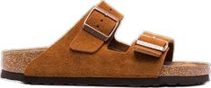 Brown Flat Heel Footbed Sandals With Buckle Closure, Brown Suede Slides With Buckle Closure, Brown Footbed Sandals With Buckle Closure, Brown Suede Sandals With Tang Buckle, Brown Open Toe Slides With Suede Lining, Brown Open Toe Footbed Sandals With Suede Lining, Brown Cork Slides With Round Toe, Brown Suede Slides With Round Toe, Brown Suede Sandals With Textured Footbed