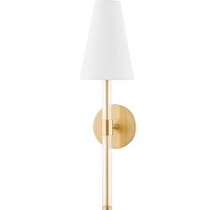 a wall light with a white shade on the side and a gold metal pole behind it