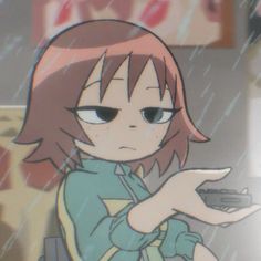 an anime character holding a cell phone in the rain with one hand and looking at the camera