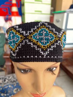 100% Best Quality Hat made from famous artisan  Crochet Lovely Hat Unique Design size 23 -25 Inch Traditional Fitted Blue Hat, Traditional Black Hat One Size Fits Most, Traditional Black Beanie Hat, Traditional Blue Embroidered Hat, Traditional Black Hat For Festival, Traditional Black Festival Hat, Traditional Hand Knitted Adjustable Hat, Traditional Handmade Crochet Cap Hat, Black Handmade Crochet Hat For Festivals