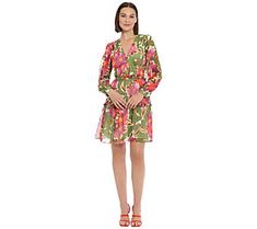 A bright floral print and flirty ruffle details lend feminine charm to this knee-skimming dress that's ready for a day at the park or a night on the town. From Donna Morgan. Multicolor Knee-length Floral Dress, Multicolor Floral Print Knee-length Mini Dress, Multicolor Knee-length Mini Dress For Spring, Feminine Green Floral Print Mini Dress, Multicolor Knee-length Floral Dress For Spring, Chic Multicolor Knee-length Floral Dress, Green Floral Dress With Ruffle Hem For Spring, Knee-length Multicolor Mini Dress For Garden Party, Feminine Multicolor Knee-length Mini Dress