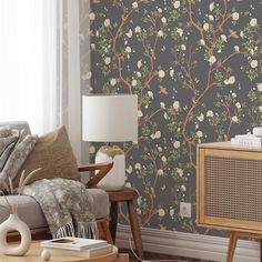 a living room scene with focus on the wallpaper