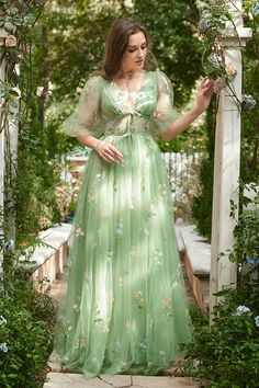 Embroidery Prom Dress, Green Long Prom Dress, Prom Dress Green, Fairy Prom Dress, Prom Dress With Short Sleeves, Embroidery Green, Lovely Partner, A Line Evening Dress, Book Clothes