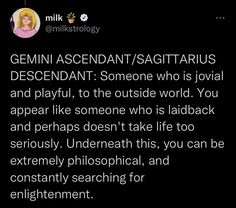 an image of a woman on her cell phone with the caption'genimi ascendant / sagitaurus descend