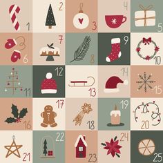 christmas icons are arranged in squares to form a square pattern with the numbers and symbols on them