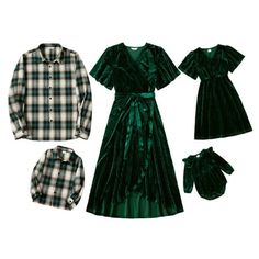 three pieces of clothing including a green dress and plaid shirt