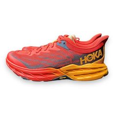 Get Ready To Conquer The Toughest Trails With These Hoka Speedgoat 5 Men's Trail Running Shoes. With A Vibrant Red And Orange Colorway, These Shoes Are Sure To Grab Attention On Your Next Run. The Breathable Mesh Upper Ensures Your Feet Stay Cool And Comfortable While The Wide Size Type Provides Ample Room For Your Toes To Stretch Out. These Athletic Sneakers Feature A Performance-Driven Design Perfect For Running And Jogging. The Speedgoat 5 Model Boasts A Sturdy Construction Made To Withstand Hoka Speedgoat, Hoka Shoes, Mens Trail Running Shoes, Red And Orange, Trail Shoes, Shoes Size 7, Trail Running Shoes, Athletic Sneakers, Trail Running