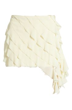 Frothy side ruffles add a sweet, sophisticated flourish to a fluttery tiered miniskirt made from crinkled georgette in a off-white shade. Back zip closure Lined 100% polyester Dry clean Imported Party Tiered Mini Skirt With Ruffles, Chic Tiered Ruffled Mini Skirt, Cream Tiered Ruffled Mini Skirt, Cream Ruffled Tiered Mini Skirt, Cream Ruffled Flowy Bottoms, Cream Mini Skirt With Ruffles For Summer, Elegant Tiered Ruffle Mini Skirt, Elegant Asymmetrical Ruffled Mini Skirt, Party Skirt With Cream Ruffles