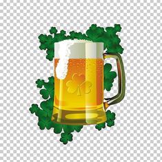 a mug of beer with shamrock leaves on the side, and clovers around it