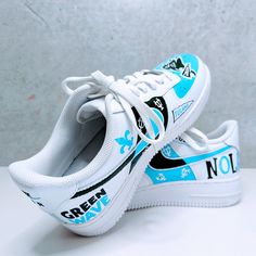 White Custom Logo Sneakers For Streetwear, Streetwear Custom Sneakers With Round Toe And Logo, Custom Logo Sneakers With Round Toe For Streetwear, Customizable Green Sneakers For Streetwear, Customizable Sporty Sneakers With Round Toe, Painted Air Force 1, Air Force 1 Sneakers, Air Force 1s, Hand Painted Shoes