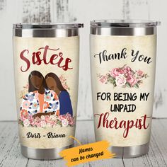 two personalized stainless steel tumblers with the words sister and brother on each one