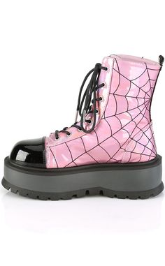 SLACKER-88 Pink Holo Spiderweb Ankle Boots-Demonia-Tragic Beautiful Spiderweb Embroidery, Hologram Shoes, Emo Boots, Pink Spider, Demonia Boots, Pink Halo, Alternative Shoes, Demonia Shoes, Web Detail